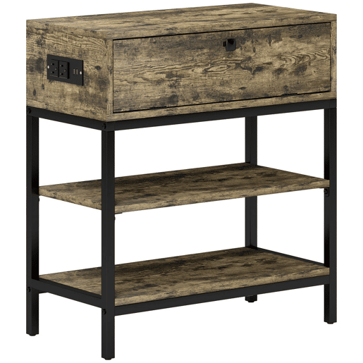 HOMCOM Mesa Auxiliar com Estação de Carga Mesinha Auxiliar Industrial com Gaveta e Prateleiras Abertas Mesa Auxiliar para Sala de Estar Dormitório 60x30x66,5 cm Castanho Rústico