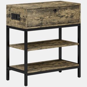 HOMCOM Mesa Auxiliar com Estação de Carga Mesinha Auxiliar Industrial com Gaveta e Prateleiras Abertas Mesa Auxiliar para Sala de Estar Dormitório 60x30x66,5 cm Castanho Rústico