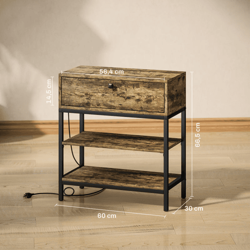 HOMCOM Mesa Auxiliar com Estação de Carga Mesinha Auxiliar Industrial com Gaveta e Prateleiras Abertas Mesa Auxiliar para Sala de Estar Dormitório 60x30x66,5 cm Castanho Rústico