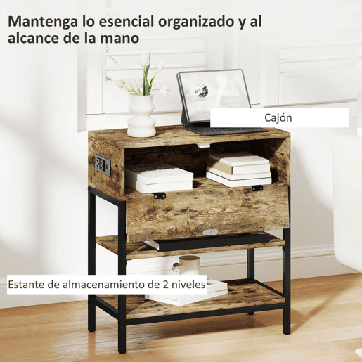 HOMCOM Mesa Auxiliar com Estação de Carga Mesinha Auxiliar Industrial com Gaveta e Prateleiras Abertas Mesa Auxiliar para Sala de Estar Dormitório 60x30x66,5 cm Castanho Rústico