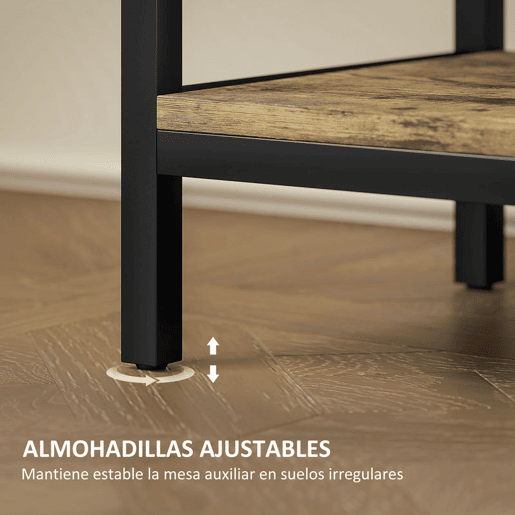 HOMCOM Mesa Auxiliar com Estação de Carga Mesinha Auxiliar Industrial com Gaveta e Prateleiras Abertas Mesa Auxiliar para Sala de Estar Dormitório 60x30x66,5 cm Castanho Rústico
