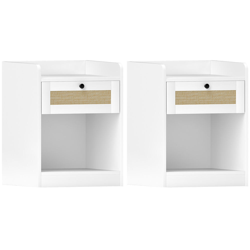 Homcom juego de 2 mesitas de noche con cajón con frontal de ratán mesillas de noche para dormitorio para habitación hogar 40x40x53 cm blanco