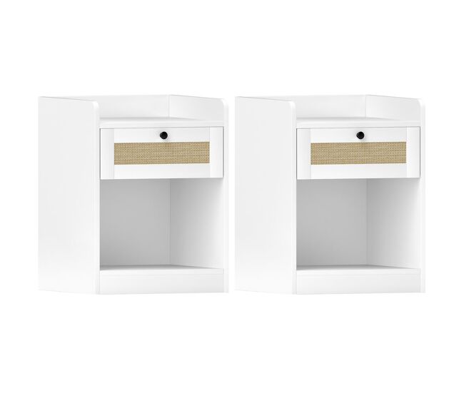 Homcom juego de 2 mesitas de noche con cajón con frontal de ratán mesillas de noche para dormitorio para habitación hogar 40x40x53 cm blanco