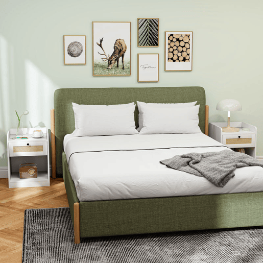 HOMCOM Conjunto de 2 Mesas de Cabeceira Mesas de Cabeceira para Dormitório com Gaveta em Vime Mesa de Cabeceira para Dormitório 40x40x53 cm Branco