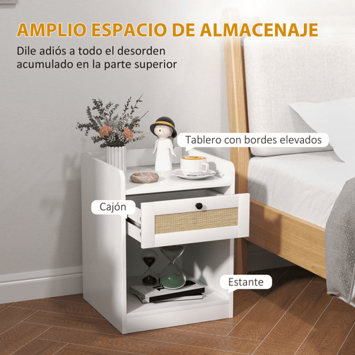 HOMCOM Conjunto de 2 Mesas de Cabeceira Mesas de Cabeceira para Dormitório com Gaveta em Vime Mesa de Cabeceira para Dormitório 40x40x53 cm Branco