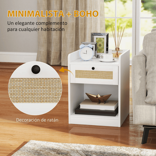 HOMCOM Conjunto de 2 Mesas de Cabeceira Mesas de Cabeceira para Dormitório com Gaveta em Vime Mesa de Cabeceira para Dormitório 40x40x53 cm Branco
