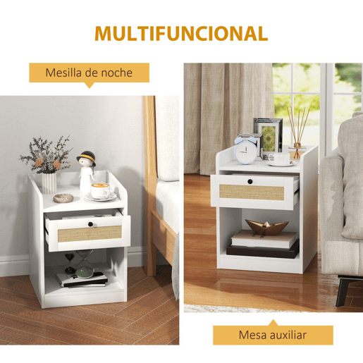 HOMCOM Conjunto de 2 Mesas de Cabeceira Mesas de Cabeceira para Dormitório com Gaveta em Vime Mesa de Cabeceira para Dormitório 40x40x53 cm Branco