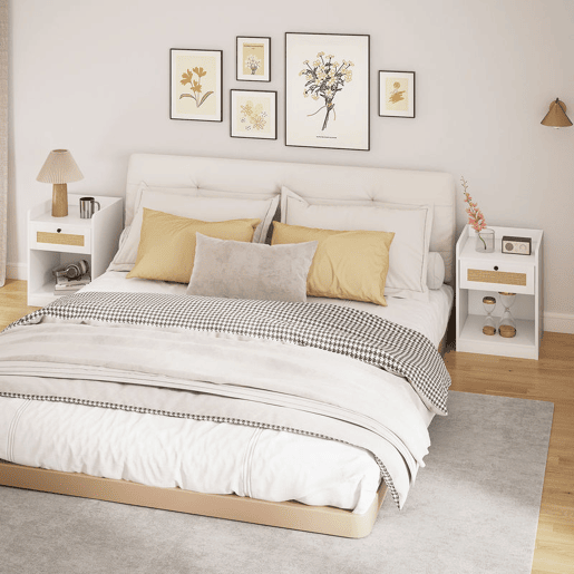 HOMCOM Conjunto de 2 Mesas de Cabeceira Mesas de Cabeceira para Dormitório com Gaveta em Vime Mesa de Cabeceira para Dormitório 40x40x53 cm Branco