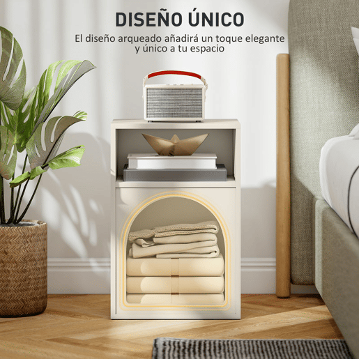 HOMCOM Mesa de Cabeceira Moderna Mesa de Cabeceira Estreita com 2 Compartimentos Abertos Desenho em Forma de Arco Mesa Auxiliar para Sala de Estar Quarto 40x30x60 cm Creme