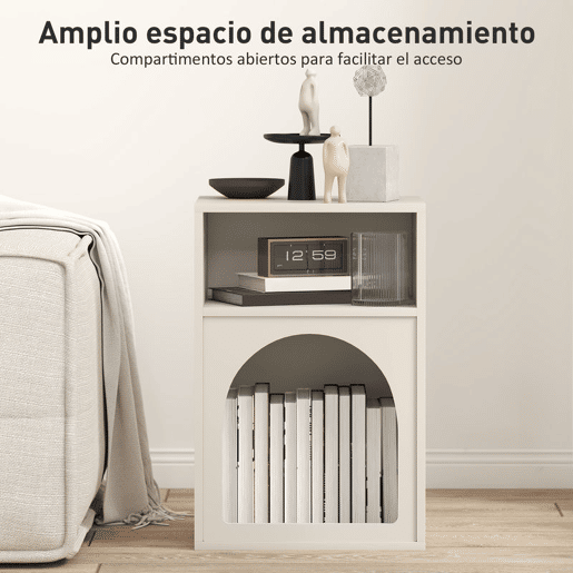 HOMCOM Mesa de Cabeceira Moderna Mesa de Cabeceira Estreita com 2 Compartimentos Abertos Desenho em Forma de Arco Mesa Auxiliar para Sala de Estar Quarto 40x30x60 cm Creme