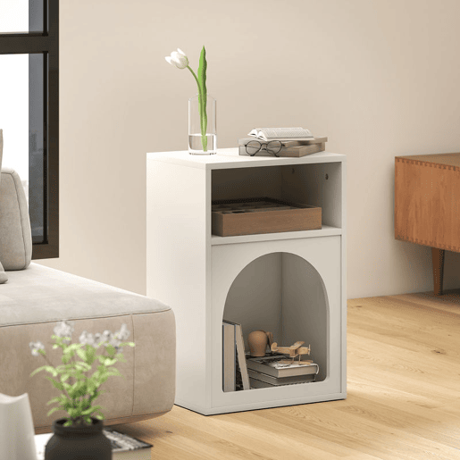 HOMCOM Mesa de Cabeceira Moderna Mesa de Cabeceira Estreita com 2 Compartimentos Abertos Desenho em Forma de Arco Mesa Auxiliar para Sala de Estar Quarto 40x30x60 cm Creme