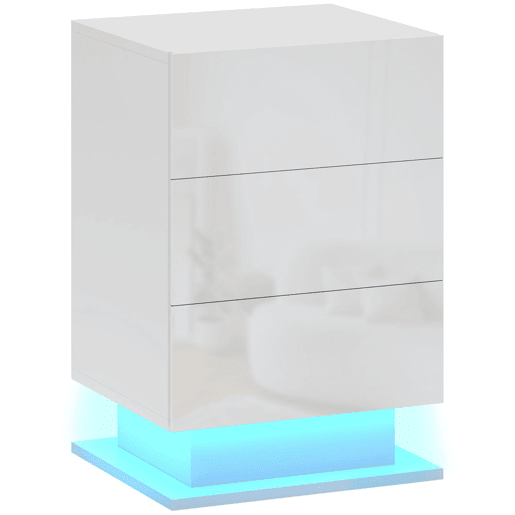 HOMCOM Mesa de Cabeceira com Faixa de Luz LED Multicolor Variável Mesa Auxiliar com 3 Gavetas Estilo Moderno Mesa Lateral para Dormitório Sala de Estar 40x35x60 cm Branco Brilhante