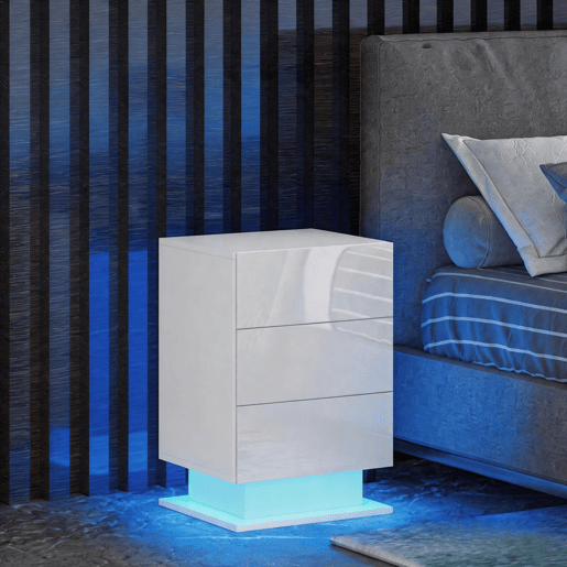 HOMCOM Mesa de Cabeceira com Faixa de Luz LED Multicolor Variável Mesa Auxiliar com 3 Gavetas Estilo Moderno Mesa Lateral para Dormitório Sala de Estar 40x35x60 cm Branco Brilhante