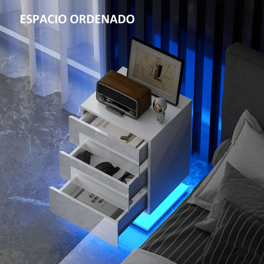 HOMCOM Mesa de Cabeceira com Faixa de Luz LED Multicolor Variável Mesa Auxiliar com 3 Gavetas Estilo Moderno Mesa Lateral para Dormitório Sala de Estar 40x35x60 cm Branco Brilhante