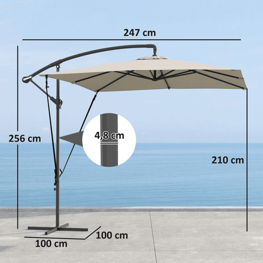 Outsunny Chapéu de Sol Excêntrico 247x247 cm com Base Cruzada, Toldo Giratório 360°, Manivela, Capa Protetora e Corda de Vento Anti-UV 50+ para Terraço e Jardim Caqui