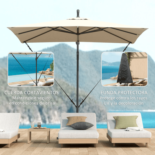 Outsunny Chapéu de Sol Excêntrico 247x247 cm com Base Cruzada, Toldo Giratório 360°, Manivela, Capa Protetora e Corda de Vento Anti-UV 50+ para Terraço e Jardim Caqui