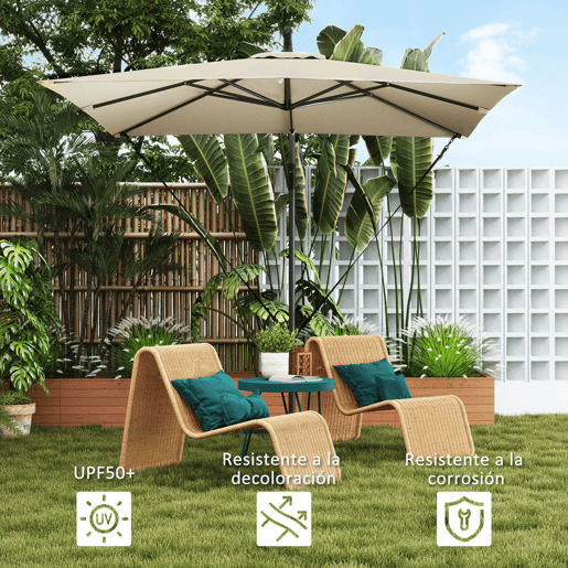 Outsunny Chapéu de Sol Excêntrico 247x247 cm com Base Cruzada, Toldo Giratório 360°, Manivela, Capa Protetora e Corda de Vento Anti-UV 50+ para Terraço e Jardim Caqui