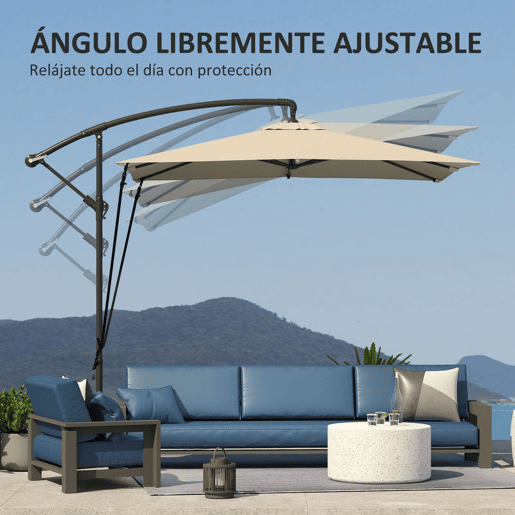 Outsunny Chapéu de Sol Excêntrico 247x247 cm com Base Cruzada, Toldo Giratório 360°, Manivela, Capa Protetora e Corda de Vento Anti-UV 50+ para Terraço e Jardim Caqui