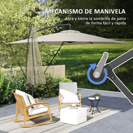 Outsunny Chapéu de Sol Excêntrico 247x247 cm com Base Cruzada, Toldo Giratório 360°, Manivela, Capa Protetora e Corda de Vento Anti-UV 50+ para Terraço e Jardim Caqui