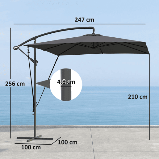 Outsunny Chapéu de Sol Excêntrico 247x247 cm com Base Cruzada, Cobertura Giratória 360°, Manivela, Capa Protetora e Corda de Vento Anti-UV 50+ para Terraço e Jardim, Cinzento Escuro