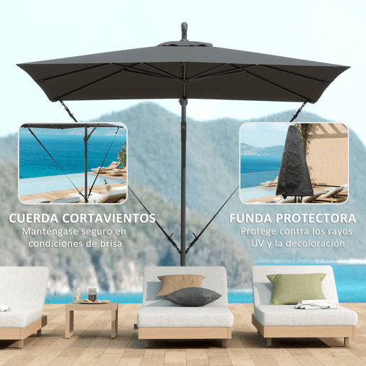 Outsunny Chapéu de Sol Excêntrico 247x247 cm com Base Cruzada, Cobertura Giratória 360°, Manivela, Capa Protetora e Corda de Vento Anti-UV 50+ para Terraço e Jardim, Cinzento Escuro