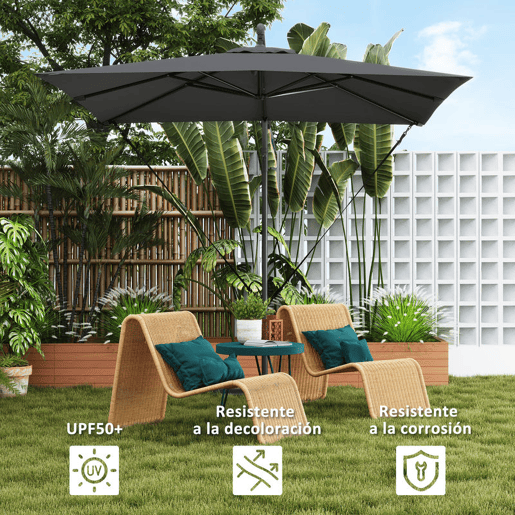 Outsunny Chapéu de Sol Excêntrico 247x247 cm com Base Cruzada, Cobertura Giratória 360°, Manivela, Capa Protetora e Corda de Vento Anti-UV 50+ para Terraço e Jardim, Cinzento Escuro