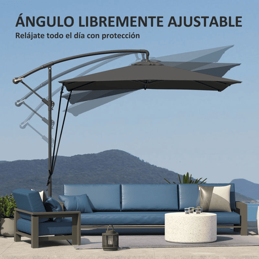 Outsunny Chapéu de Sol Excêntrico 247x247 cm com Base Cruzada, Cobertura Giratória 360°, Manivela, Capa Protetora e Corda de Vento Anti-UV 50+ para Terraço e Jardim, Cinzento Escuro