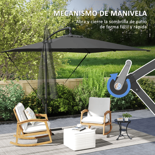 Outsunny Chapéu de Sol Excêntrico 247x247 cm com Base Cruzada, Cobertura Giratória 360°, Manivela, Capa Protetora e Corda de Vento Anti-UV 50+ para Terraço e Jardim, Cinzento Escuro