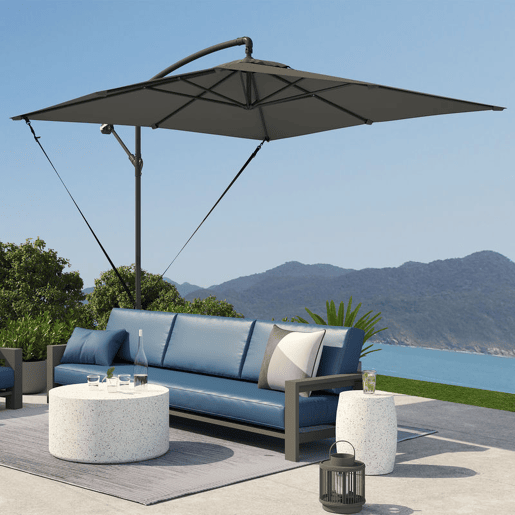 Outsunny Chapéu de Sol Excêntrico 247x247 cm com Base Cruzada, Cobertura Giratória 360°, Manivela, Capa Protetora e Corda de Vento Anti-UV 50+ para Terraço e Jardim, Cinzento Escuro