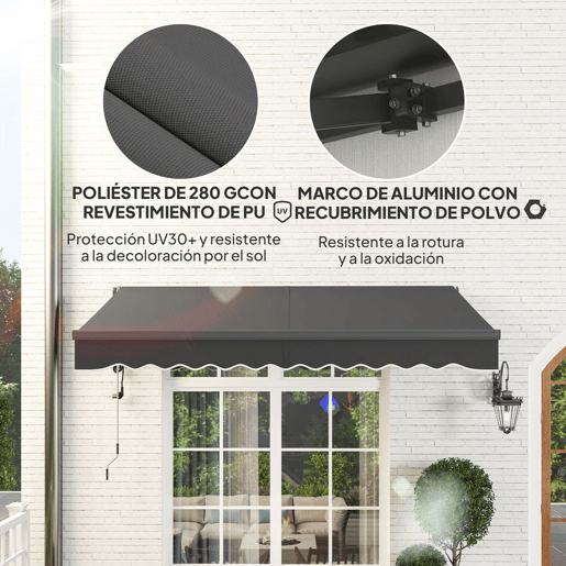 Outsunny Toldo Elétrico Retrátil com Controlo Remoto 296x250 cm Toldo de Exterior Enrolável com Manivela Estrutura de Alumínio e Proteção UV30+ para Jardim Porta Janela Cinza
