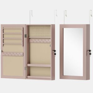 HOMCOM Armário de Jóias de Parede com Espelho, Fechadura e Múltiplos Compartimentos, Montagem em Parede ou Porta para Brincos, Colares, Anéis e Pulseiras - Presente Rosa com Forro Bege