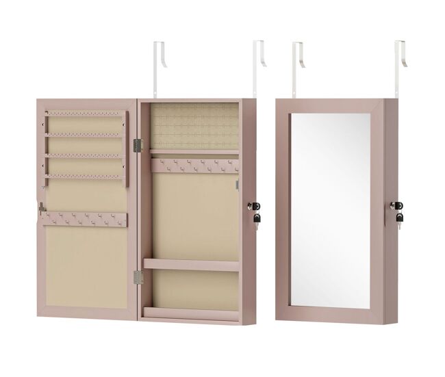 Homcom espejo joyero de pared armario para joyas con cerradura y varios compartimentos montar en pared o puerta para pendiente collar anillo pulsera regalo rosa y forro beige