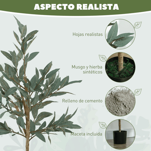 HOMCOM Planta Artificial de Louro 120 cm Planta Artificial Decorativa Grande Decoração para Casa Escritório Varanda Quarto Verde