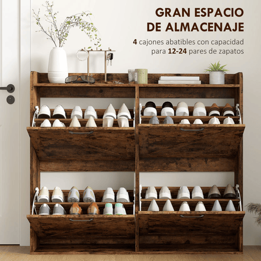 HOMCOM Sapateira de 4 Portas Móvel Sapateira Estreita com Prateleiras Ajustáveis Estilo Industrial para 24 Pares de Sapatos Móvel Auxiliar para Entrada 120x24x103 cm Castanho Rústico
