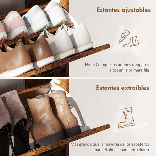 HOMCOM Sapateira de 4 Portas Móvel Sapateira Estreita com Prateleiras Ajustáveis Estilo Industrial para 24 Pares de Sapatos Móvel Auxiliar para Entrada 120x24x103 cm Castanho Rústico