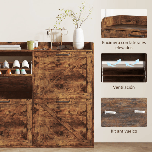 HOMCOM Sapateira de 4 Portas Móvel Sapateira Estreita com Prateleiras Ajustáveis Estilo Industrial para 24 Pares de Sapatos Móvel Auxiliar para Entrada 120x24x103 cm Castanho Rústico