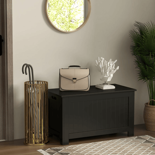 HOMCOM Baú de Armazenamento de Madeira Baú de Arrumação com Dobradiça de Segurança para Dormitório Sala de Estar Carga Máxima 20 kg 81x40x46 cm Preto