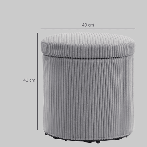 HOMCOM Puff de Arrumação Baú de Arrumação Redondo Estofado em Veludo Cotelê Assento Acolchoado Tampa Removível para Corredor Quarto Sala Ø40x41 cm Cinza Claro