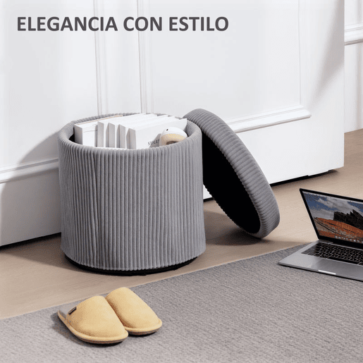 HOMCOM Puff de Arrumação Baú de Arrumação Redondo Estofado em Veludo Cotelê Assento Acolchoado Tampa Removível para Corredor Quarto Sala Ø40x41 cm Cinza Claro