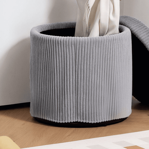 HOMCOM Puff de Arrumação Baú de Arrumação Redondo Estofado em Veludo Cotelê Assento Acolchoado Tampa Removível para Corredor Quarto Sala Ø40x41 cm Cinza Claro