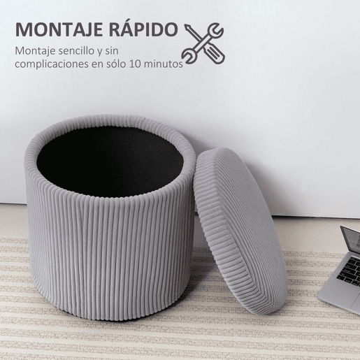 HOMCOM Puff de Arrumação Baú de Arrumação Redondo Estofado em Veludo Cotelê Assento Acolchoado Tampa Removível para Corredor Quarto Sala Ø40x41 cm Cinza Claro
