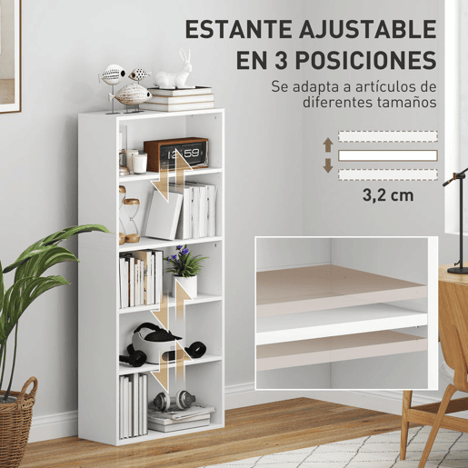 HOMCOM Estante de 5 Níveis Estante para Livros com 2 Prateleiras Ajustáveis para Sala de Estar Escritório Quarto 60x24x133,5 cm Branco