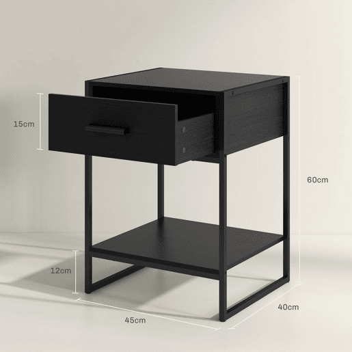 HOMCOM Conjunto de 2 Mesas de Cabeceira Mesas Auxiliares com 1 Gaveta e Prateleira de Armazenamento para Dormitório Sala de Estar Escritório Estilo Moderno 45x40x60 cm Preto