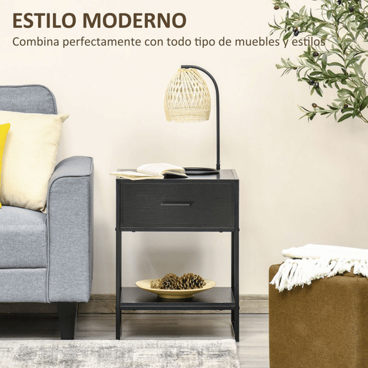 HOMCOM Conjunto de 2 Mesas de Cabeceira Mesas Auxiliares com 1 Gaveta e Prateleira de Armazenamento para Dormitório Sala de Estar Escritório Estilo Moderno 45x40x60 cm Preto