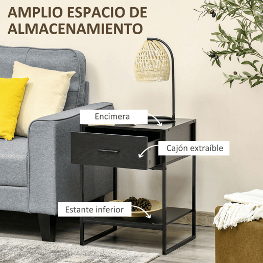 HOMCOM Conjunto de 2 Mesas de Cabeceira Mesas Auxiliares com 1 Gaveta e Prateleira de Armazenamento para Dormitório Sala de Estar Escritório Estilo Moderno 45x40x60 cm Preto