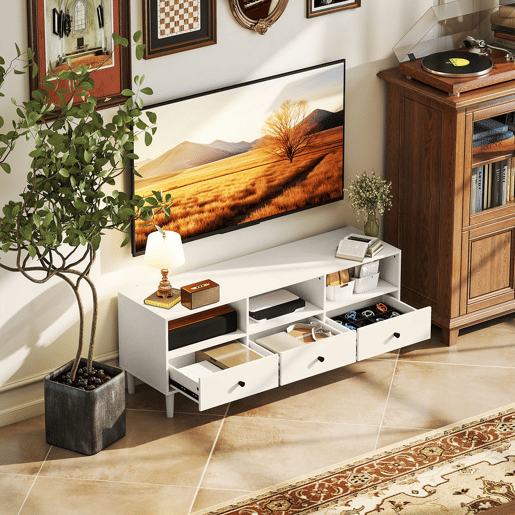 HOMCOM Móvel de TV Moderno Móvel de TV para Sala de Estar com 3 Compartimentos Abertos 3 Gavetas e Orifício para Cabos para Televisão de 455565 Polegadas 120x34x45 cm Branco