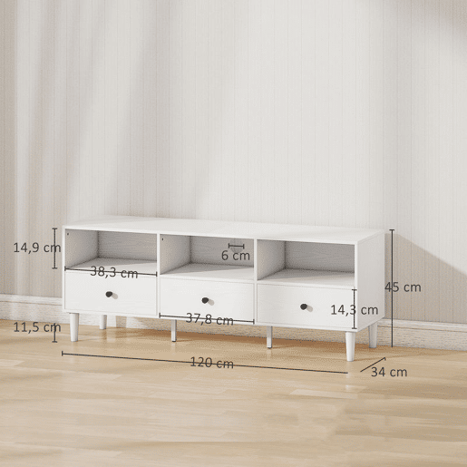 HOMCOM Móvel de TV Moderno Móvel de TV para Sala de Estar com 3 Compartimentos Abertos 3 Gavetas e Orifício para Cabos para Televisão de 455565 Polegadas 120x34x45 cm Branco