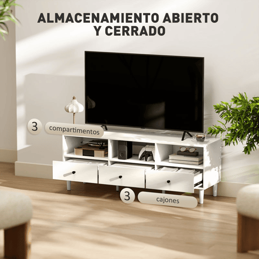 HOMCOM Móvel de TV Moderno Móvel de TV para Sala de Estar com 3 Compartimentos Abertos 3 Gavetas e Orifício para Cabos para Televisão de 455565 Polegadas 120x34x45 cm Branco