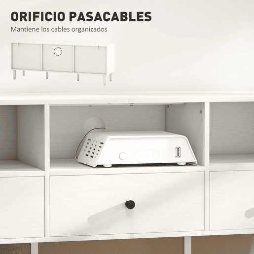 HOMCOM Móvel de TV Moderno Móvel de TV para Sala de Estar com 3 Compartimentos Abertos 3 Gavetas e Orifício para Cabos para Televisão de 455565 Polegadas 120x34x45 cm Branco