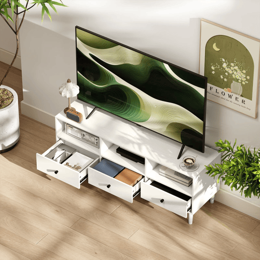 HOMCOM Móvel de TV Moderno Móvel de TV para Sala de Estar com 3 Compartimentos Abertos 3 Gavetas e Orifício para Cabos para Televisão de 455565 Polegadas 120x34x45 cm Branco